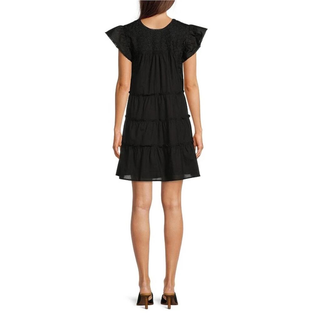 J. Marie Zara Embroidered Ruffle Cap Sleeve Tiered Mini Dress Black Medium - Picture 3 of 9